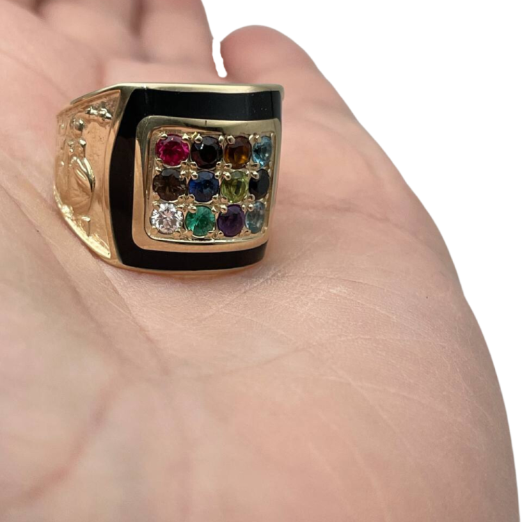 14K Yellow Gold and Black Enamel Hoshen Gems Jerusalem Ring