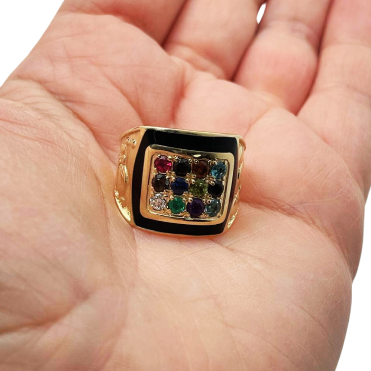 14K Yellow Gold and Black Enamel Hoshen Gems Jerusalem Ring