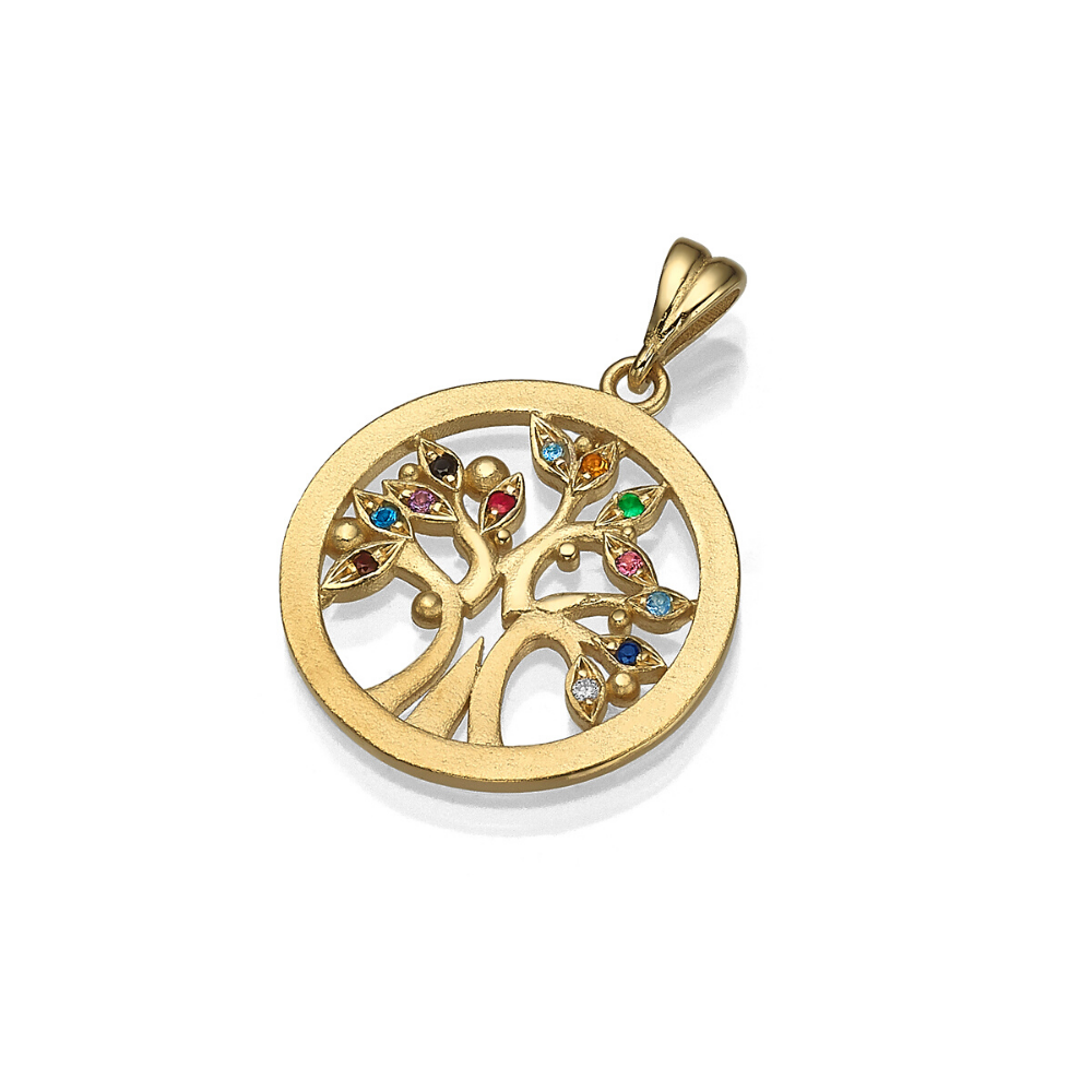 Colorful Tree of Life Pendant in 14K Gold with Semiprecious Stones