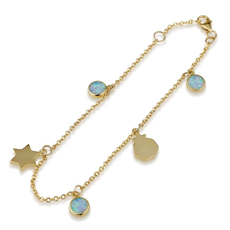 Charm Bracelet with Star of David, Pomegranate and Opal Charms in 14K Gold