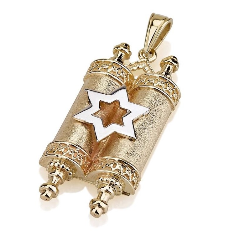 Star of David on Torah Scroll Pendant in 14K Gold