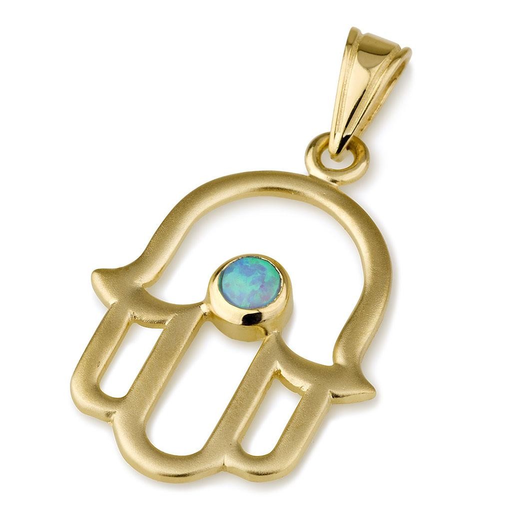 Hamsa Pendant with Light Blue Opal Stone in 14K Gold