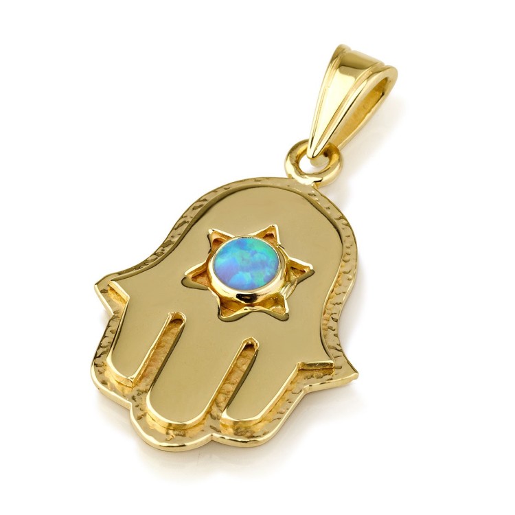 Hamsa and Star of David Pendant with Opal Stone - 14K Yellow Gold