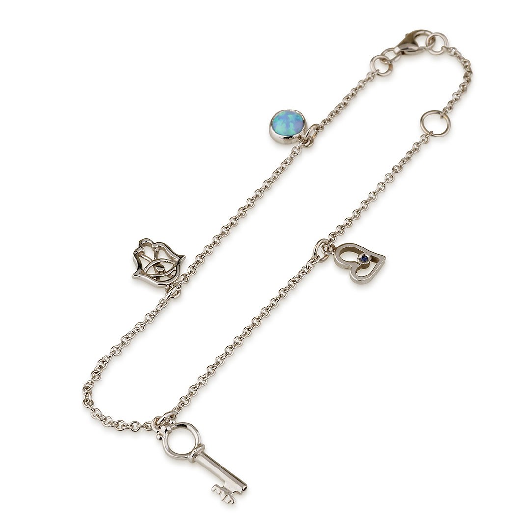 Charm Bracelet with Key, Hamsa and Opal Charms in 14K Gold