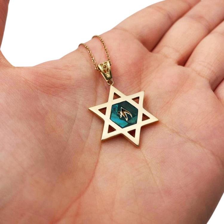 Star of David and Stylized Chai Pendant in 14K Gold with Eilat Stone