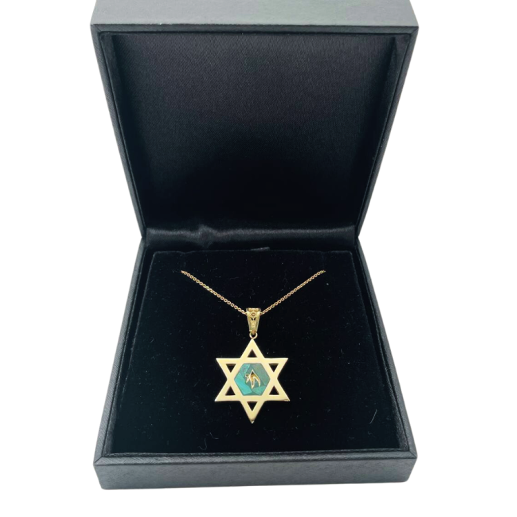 Star of David and Stylized Chai Pendant in 14K Gold with Eilat Stone