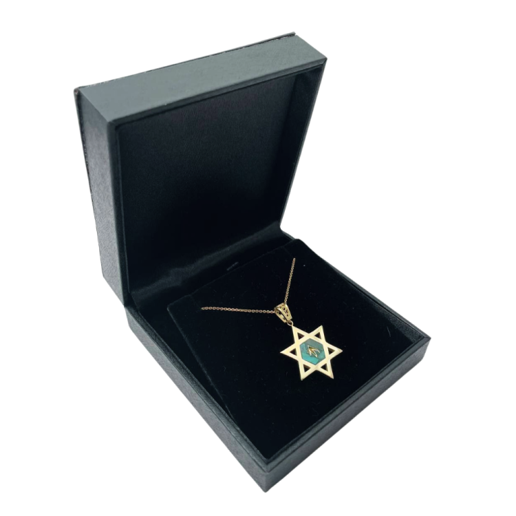 Star of David and Stylized Chai Pendant in 14K Gold with Eilat Stone