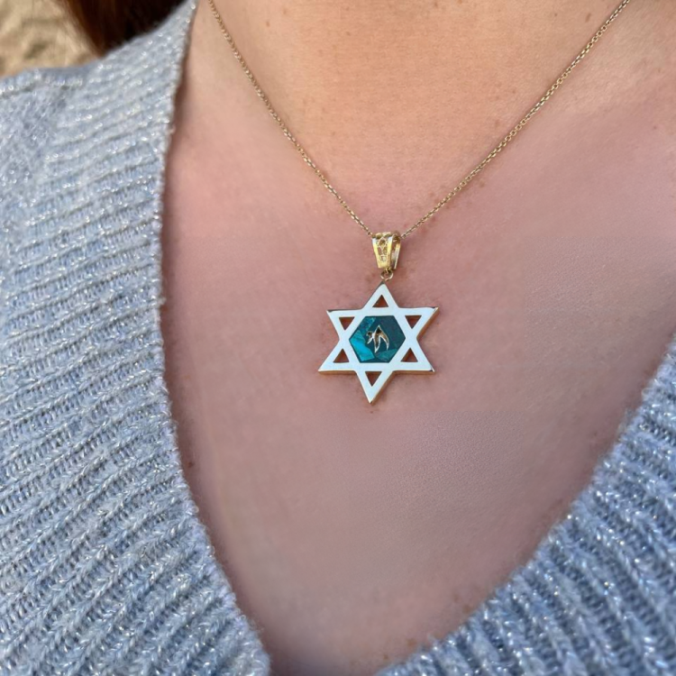 Star of David and Stylized Chai Pendant in 14K Gold with Eilat Stone