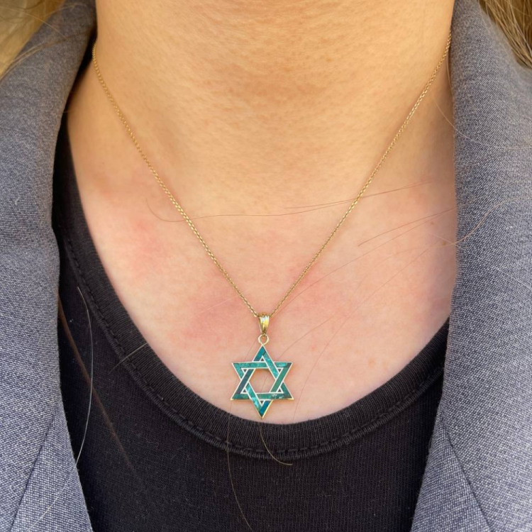 Eilat Stone Star of David Pendant in 14K Gold - 18 mm Size