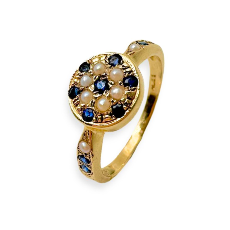 Vintage Style Sapphire and Pearl 14k Gold Ring