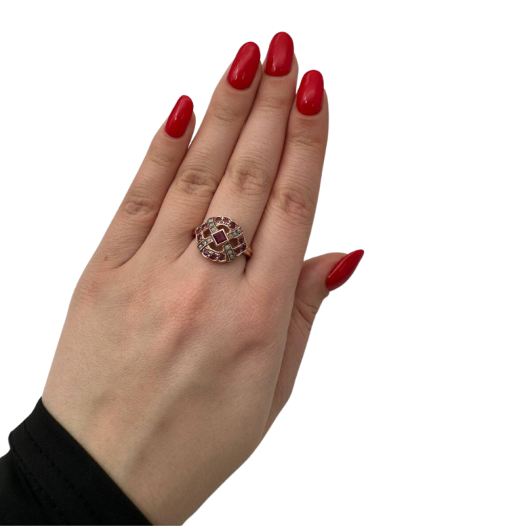 Vintage Style Rubies and Old Cut Diamonds 14k Rose Gold Ring