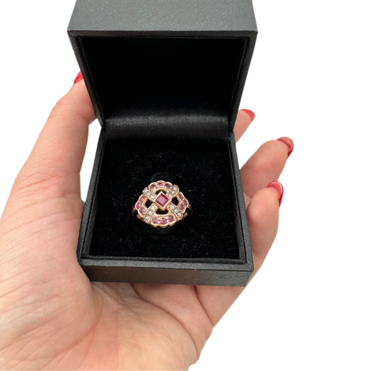 Vintage Style Rubies and Old Cut Diamonds 14k Rose Gold Ring