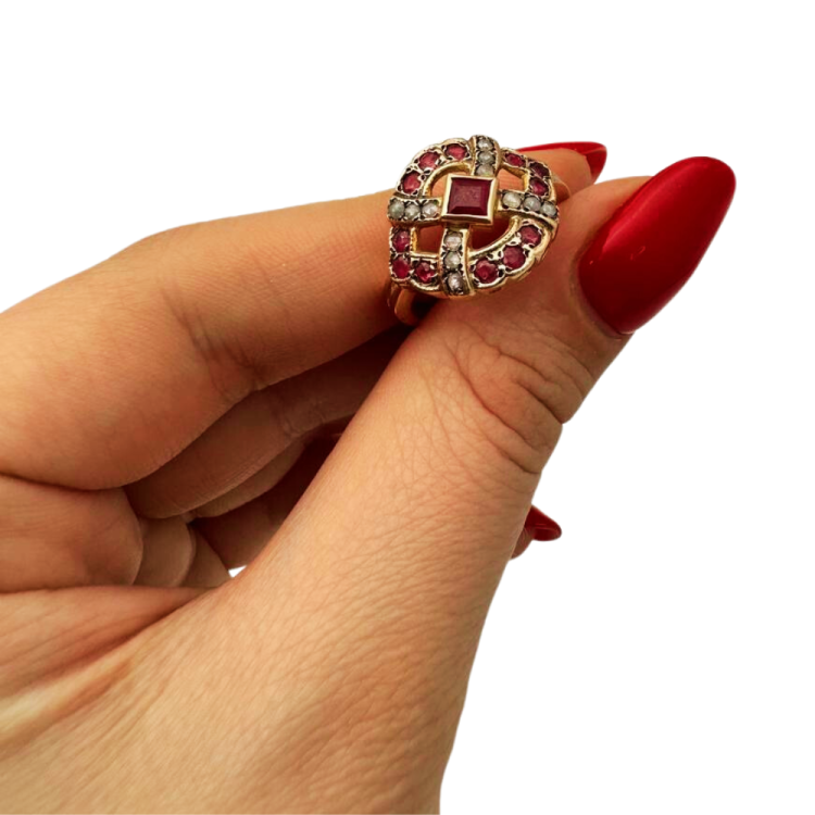 Vintage Style Rubies and Old Cut Diamonds 14k Rose Gold Ring