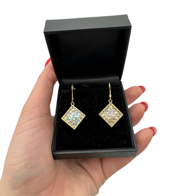 Roman Glass and Yemenite Filigree 14K Gold Earrings - Square