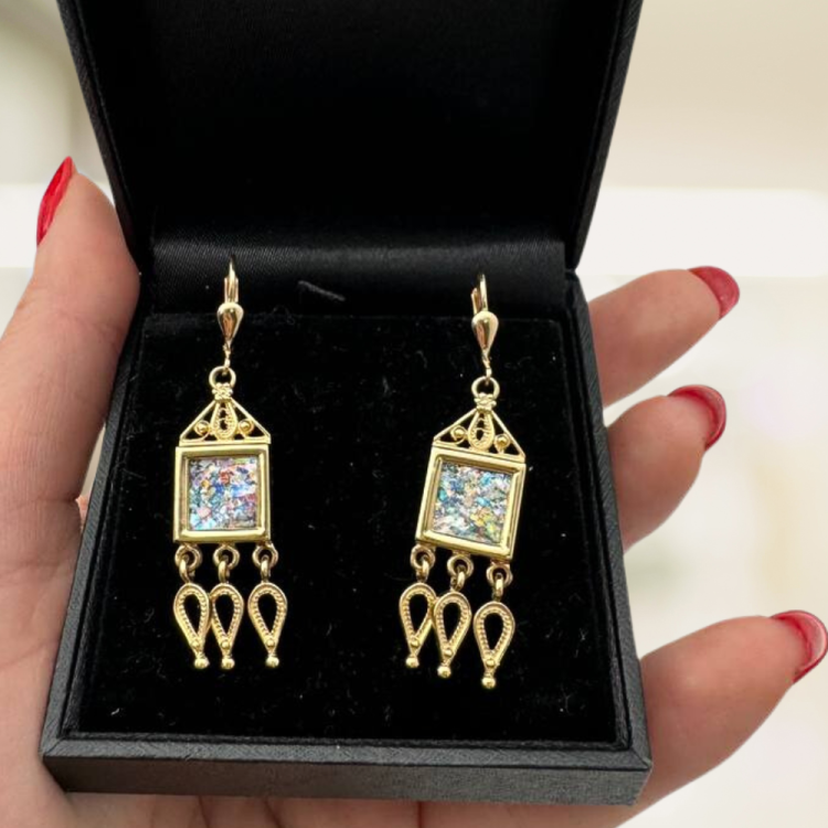 Roman Glass Chandelier Earrings in 14K Gold Filigree Detailing