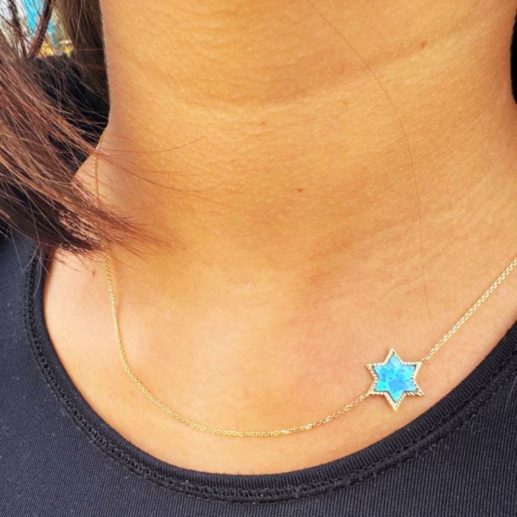 14K Gold Necklace with Blue Opalite Star of David Pendant on Anchor Link Chain