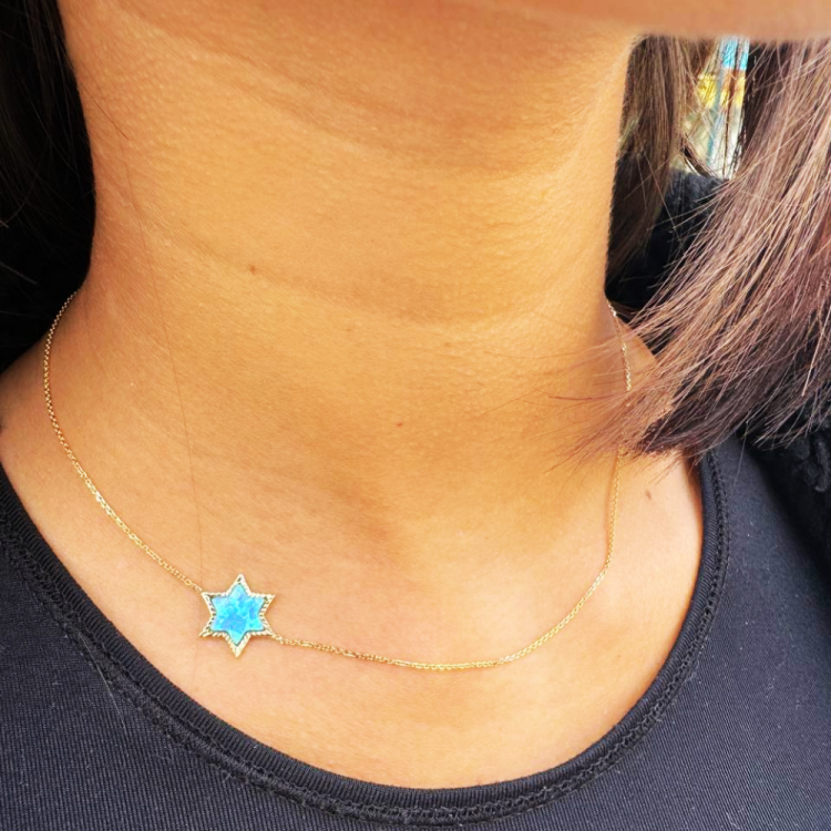 14K Gold Necklace with Blue Opalite Star of David Pendant on Anchor Link Chain