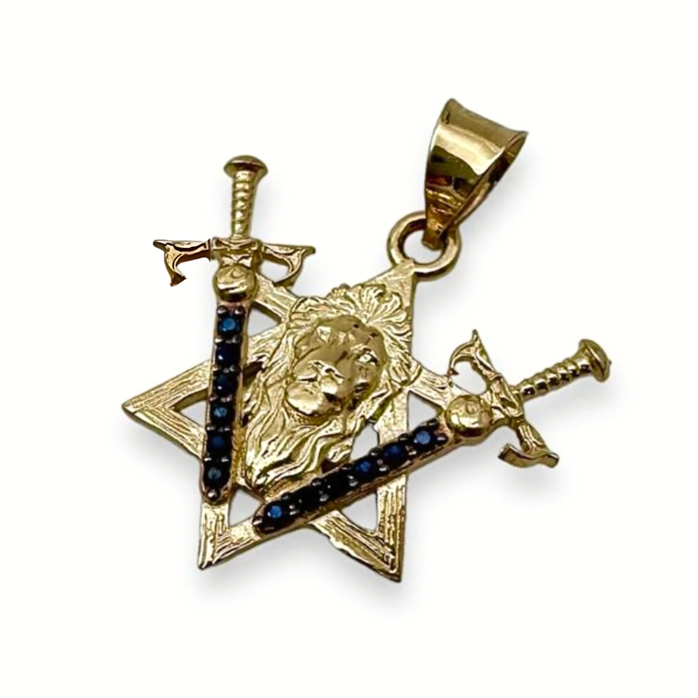 Two Swords Lion of Judah and Star of David Pendant in 14K Gold with Black Diamonds