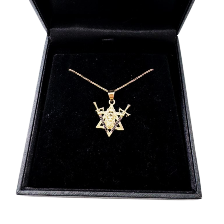 Two Swords Lion of Judah and Star of David Pendant in 14K Gold with Black Diamonds