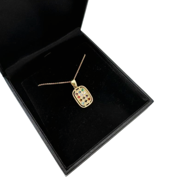 Hoshen Pendant Rectangle in 14K Gold with Gemstones