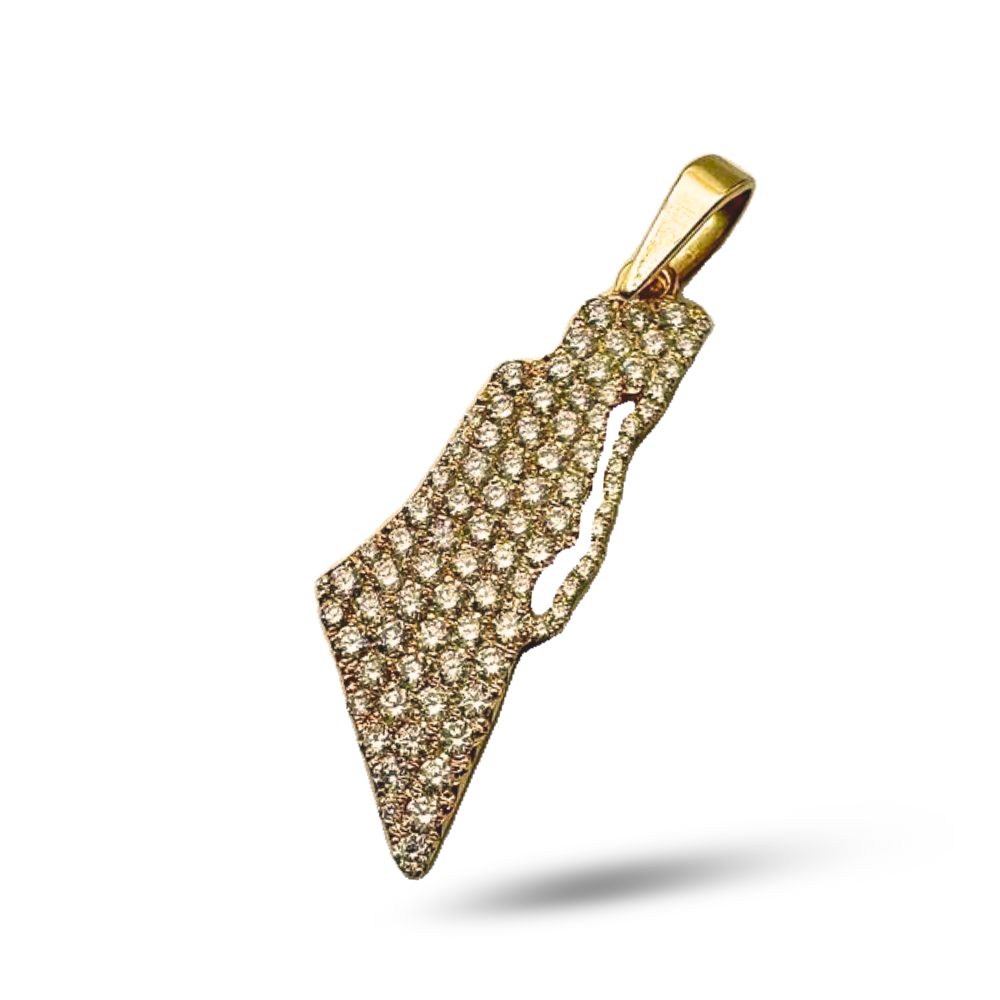 Diamond Studded Map of Israel Pendant with Am Israel Chai in 14K Gold