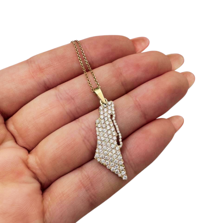 Diamond Studded Map of Israel Pendant with Am Israel Chai in 14K Gold