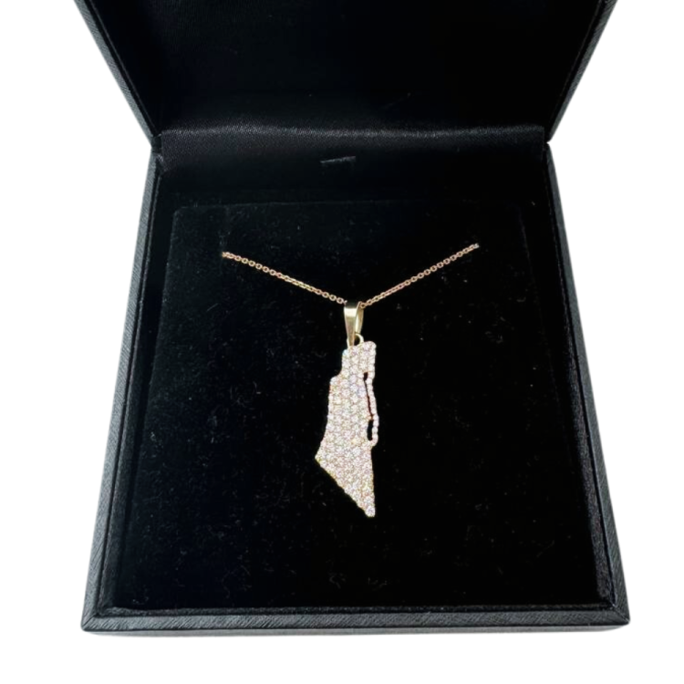 Diamond Studded Map of Israel Pendant with Am Israel Chai in 14K Gold