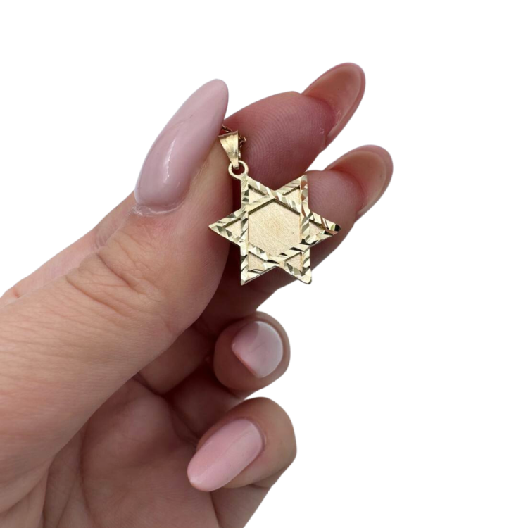 Star of David Pendant in 14K Brushed Gold with Diamond-Cut Borders