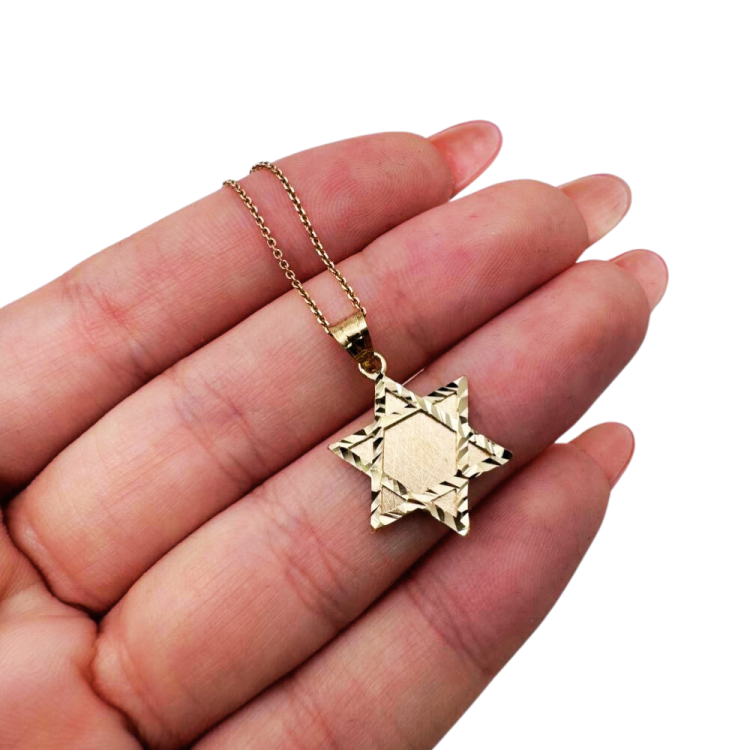 Star of David Pendant in 14K Brushed Gold with Diamond-Cut Borders