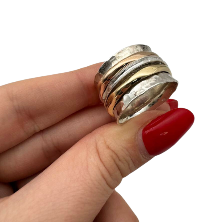 Spinning Ring in 925 Sterling Silver and 9K Gold - Boho Chic Ring