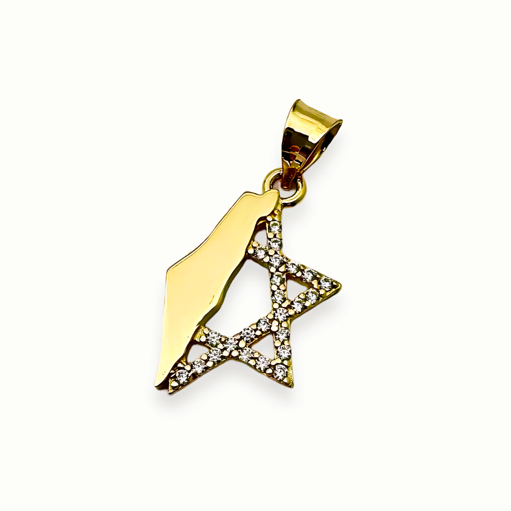 Israel Map with Star of David in 14K Gold Pendant with CZ