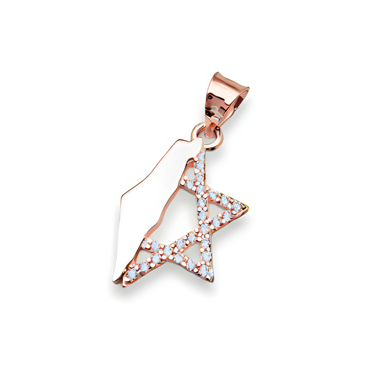 Israel Map with Star of David in 14K Gold Pendant with CZ