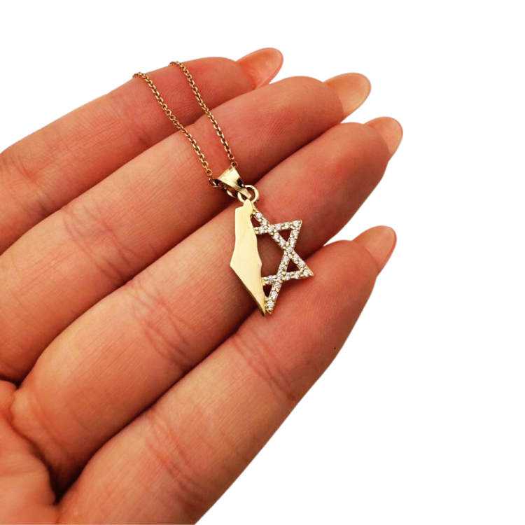 Israel Map with Star of David in 14K Gold Pendant with CZ