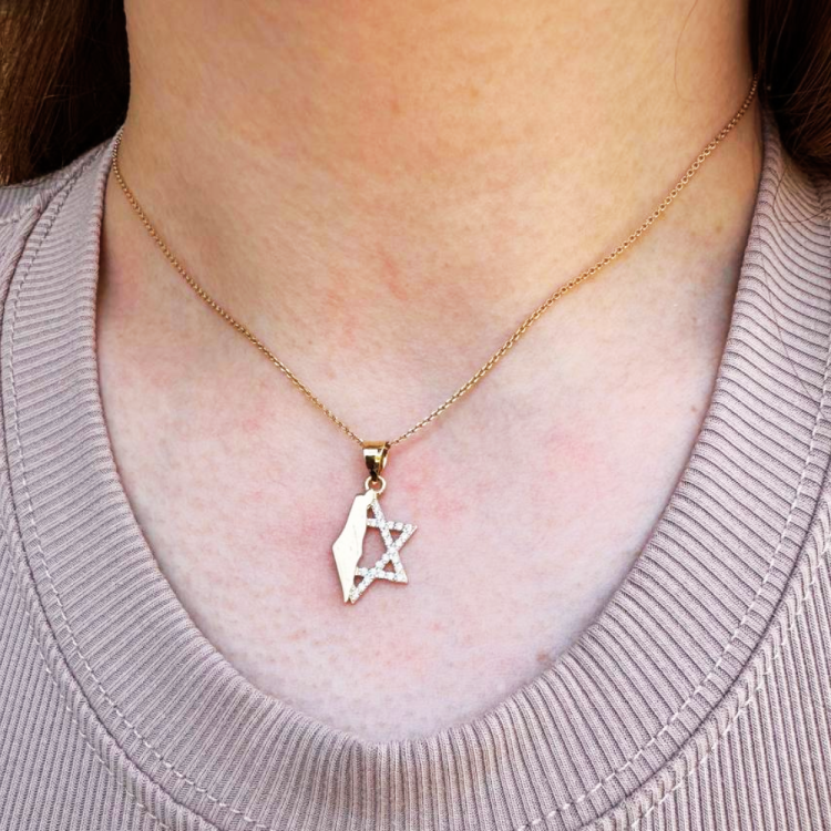 Israel Map with Star of David in 14K Gold Pendant with CZ