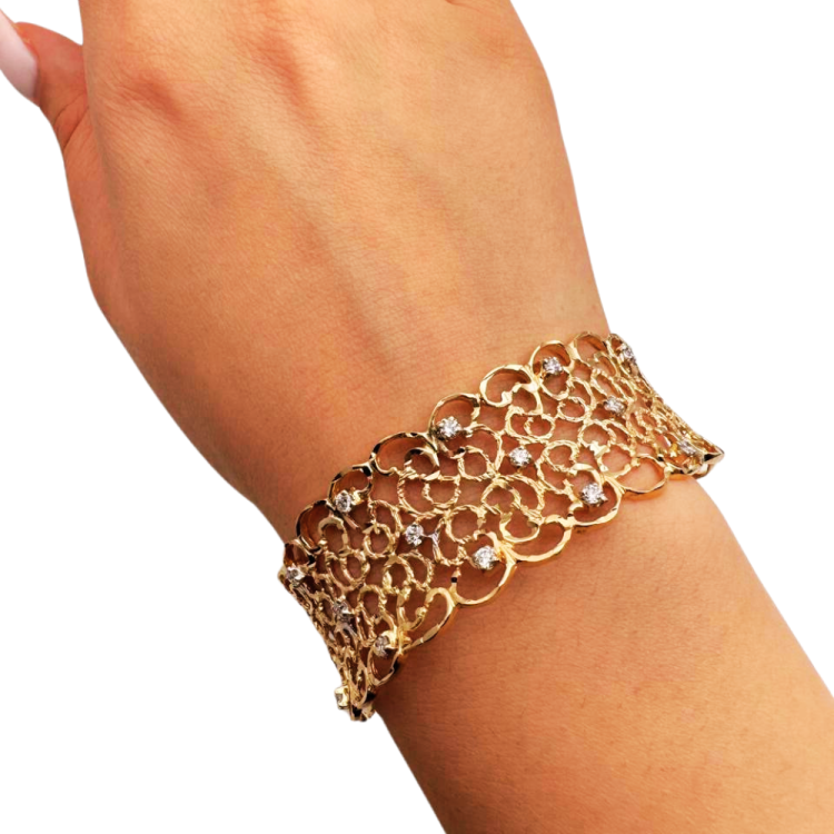 Filigree Gold Bracelet with Diamonds - 14K Gold