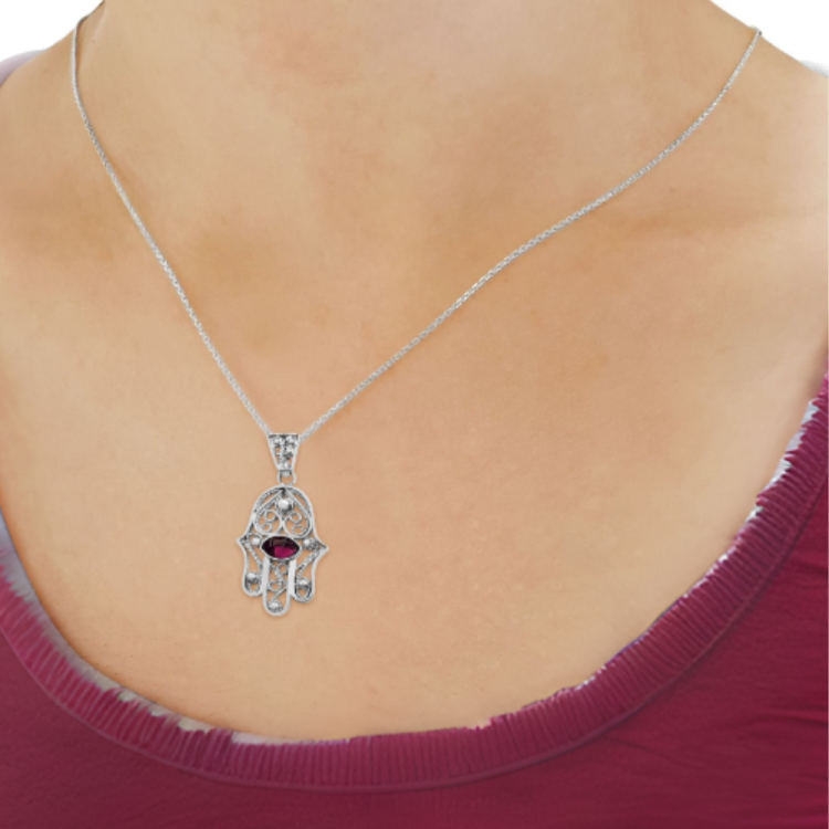 Hamsa Evil Eye 14K Gold Filigree Pendant with Garnet Stone