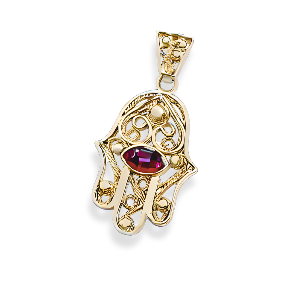 Hamsa Evil Eye 14K Gold Filigree Pendant with Garnet Stone