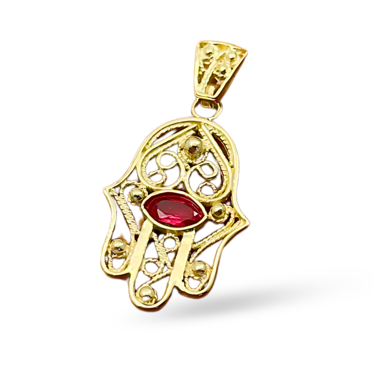 Hamsa Evil Eye 14K Gold Filigree Pendant with Garnet Stone