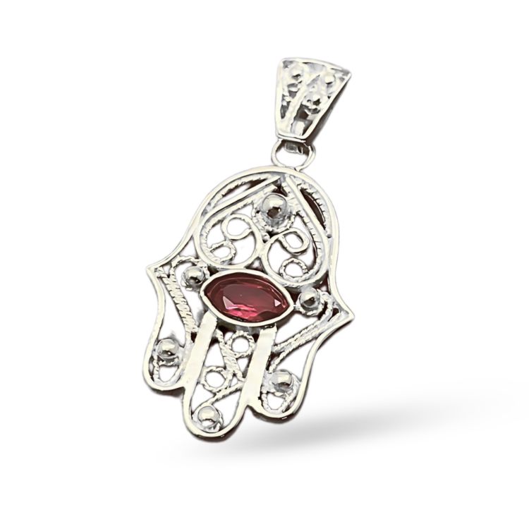 Hamsa Evil Eye 14K Gold Filigree Pendant with Garnet Stone