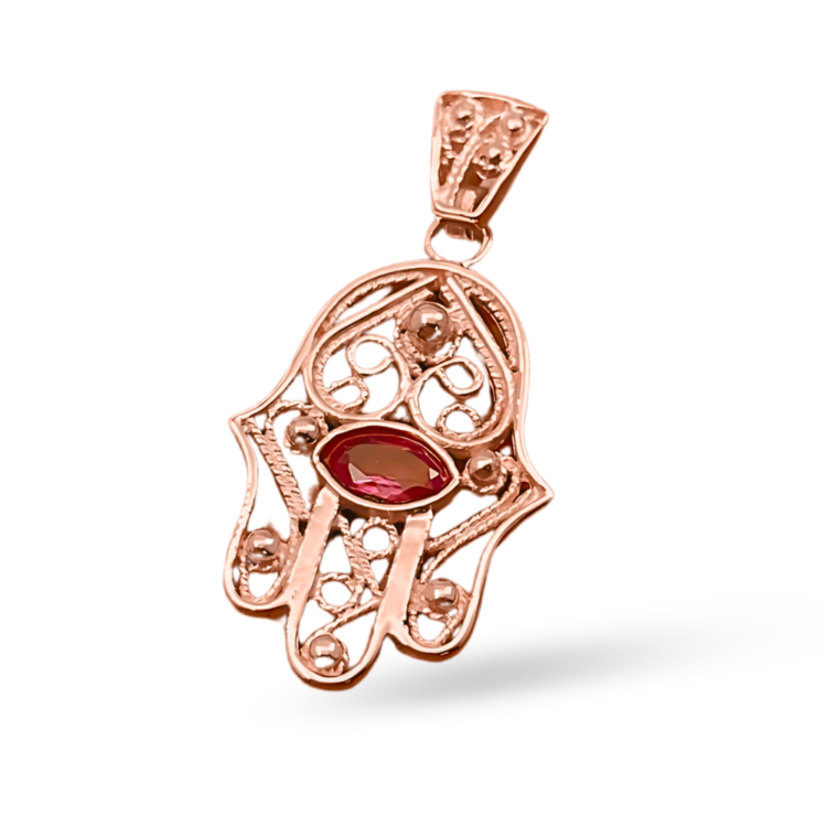 Hamsa Evil Eye 14K Gold Filigree Pendant with Garnet Stone