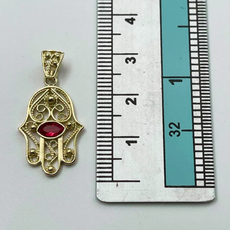 Hamsa Evil Eye 14K Gold Filigree Pendant with Garnet Stone