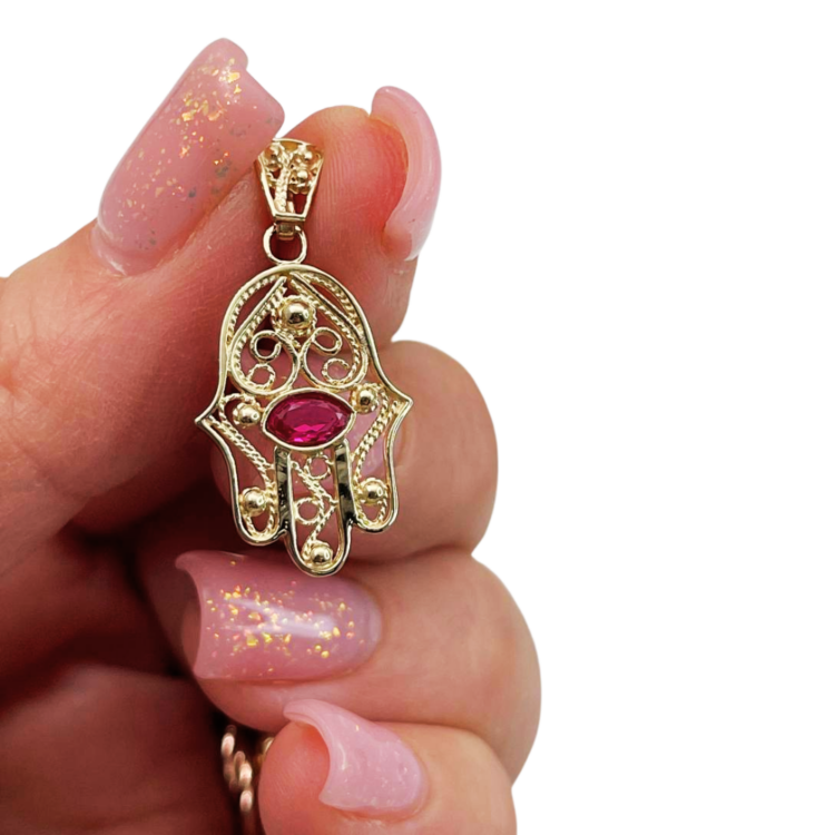 Hamsa Evil Eye 14K Gold Filigree Pendant with Garnet Stone