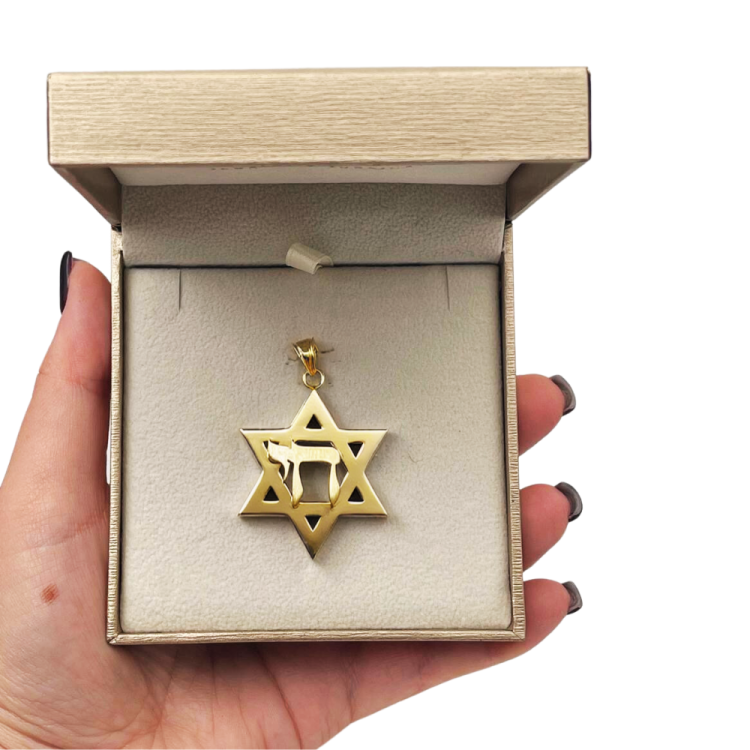 Heavyweight Large Star of David and Chai Pendant in 14k Gold for Men