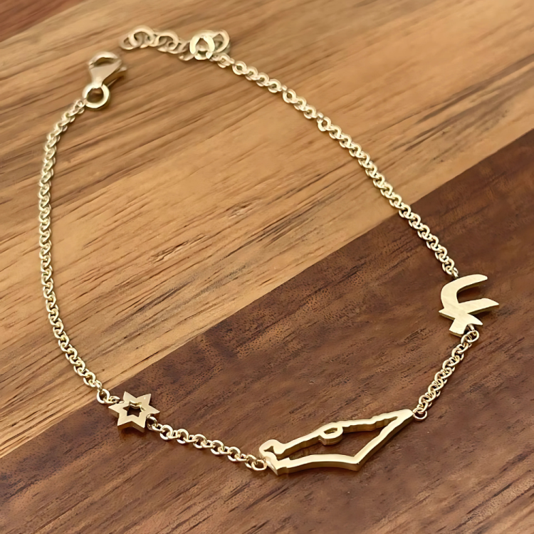 Israel, Chai and Star of David Charm Bracelet in 14K Gold