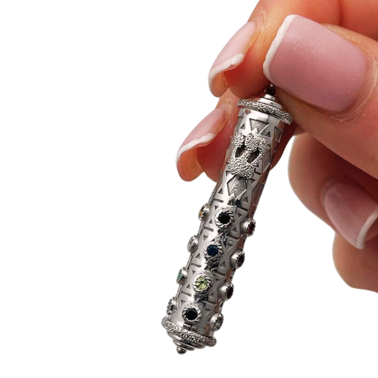 Mezuzah Shin Pendant in 14K White Gold with Hoshen Precious Stones