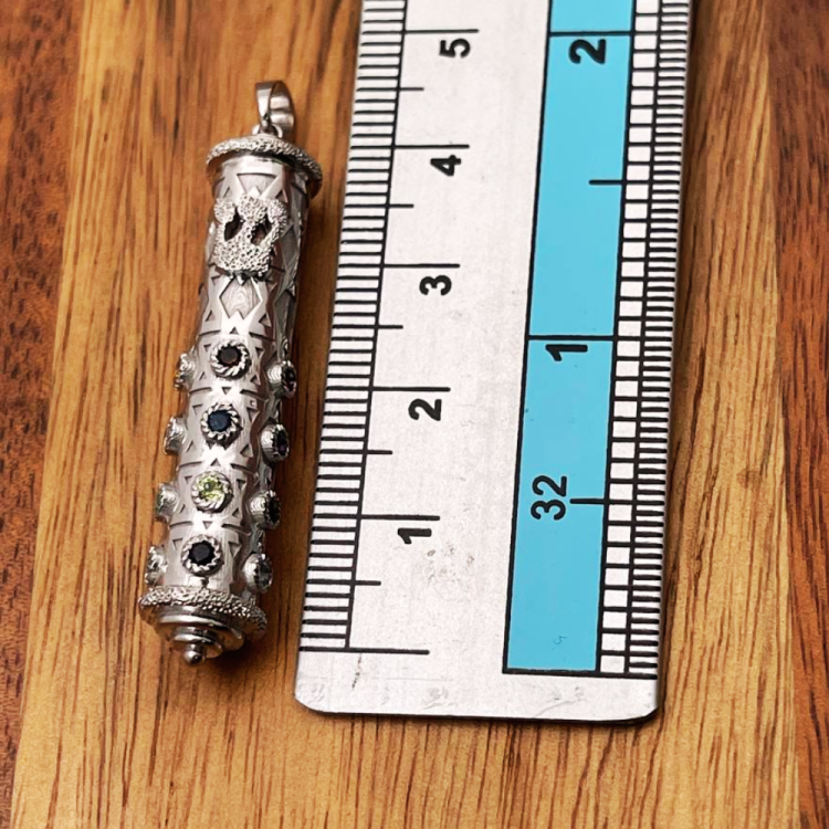 Mezuzah Shin Pendant in 14K White Gold with Hoshen Precious Stones