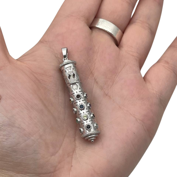 Mezuzah Shin Pendant in 14K White Gold with Hoshen Precious Stones