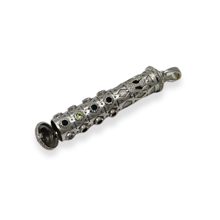 Mezuzah Shin Pendant in 14K White Gold with Hoshen Precious Stones