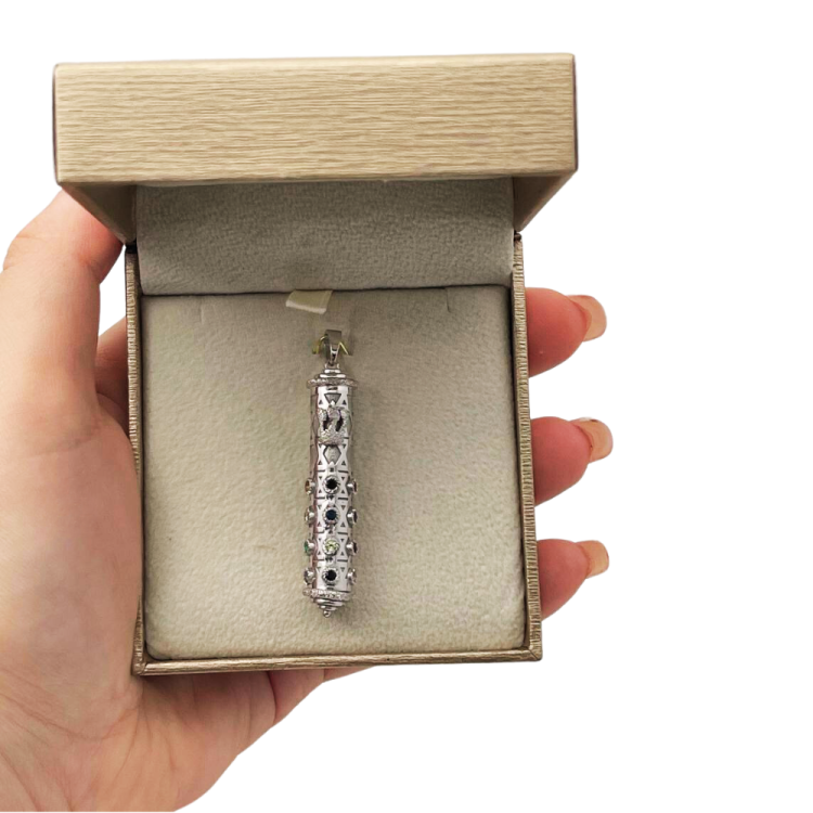 Mezuzah Shin Pendant in 14K White Gold with Hoshen Precious Stones