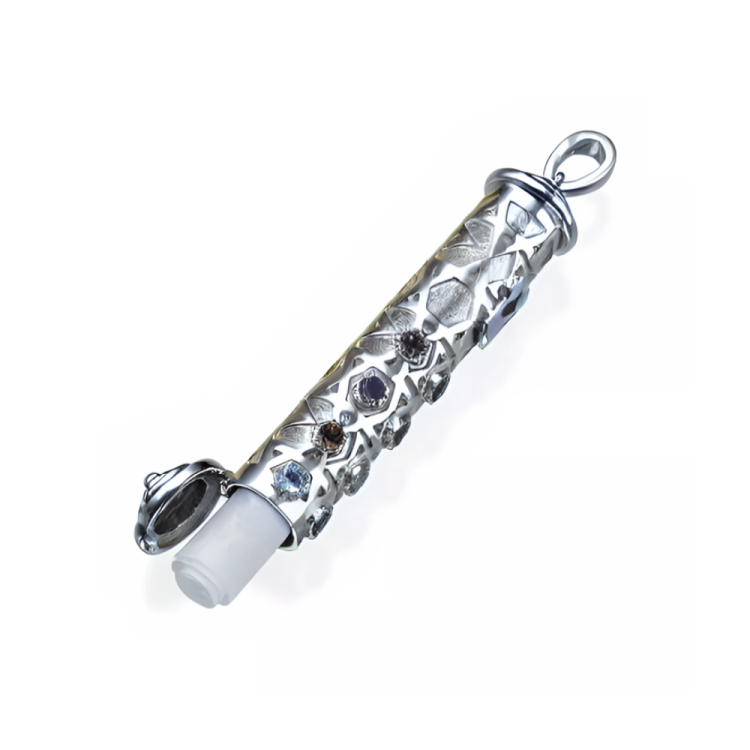 Mezuzah Shin Pendant in 14K White Gold with Hoshen Precious Stones